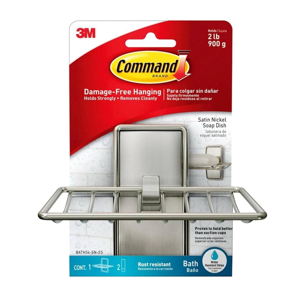 3M Command Bath Soap Dish Holder Adhesive Holds 2lb Satin Nickel 1 Dish 2 Strips